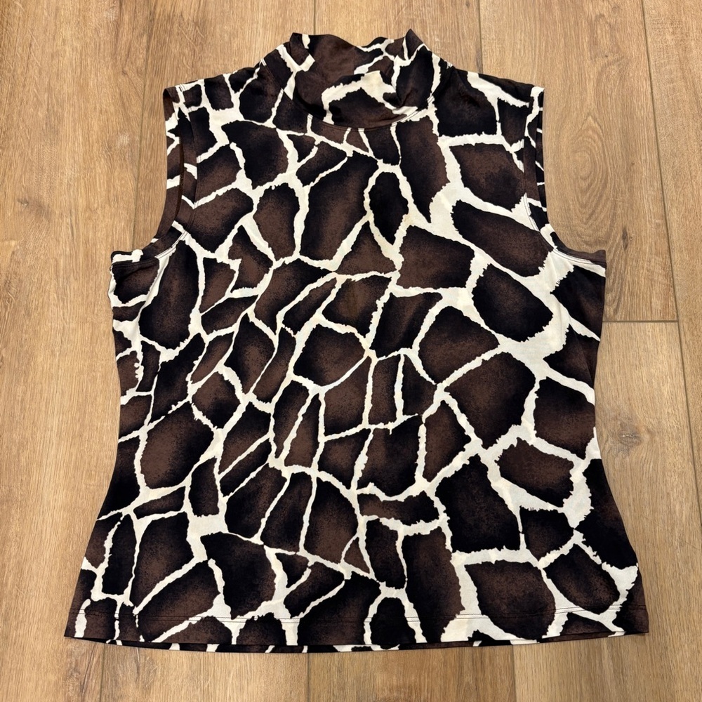 🌟ST. JOHN🌟 GIRAFEE PRINT MOCK NECK KNIT TANK TOP BROWN / IVORY SZ XL